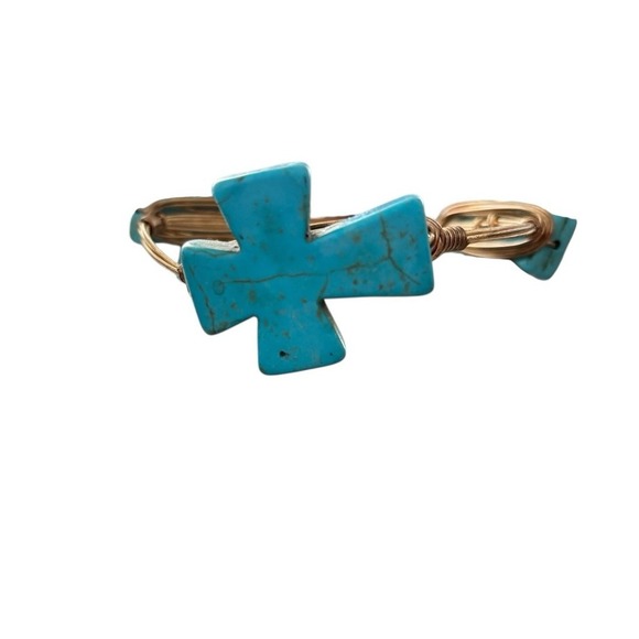 Bourbon and Bowties Turquoise Cross Wire Wrap Bangle Bracelet Boho Brass Tone - Picture 5 of 7